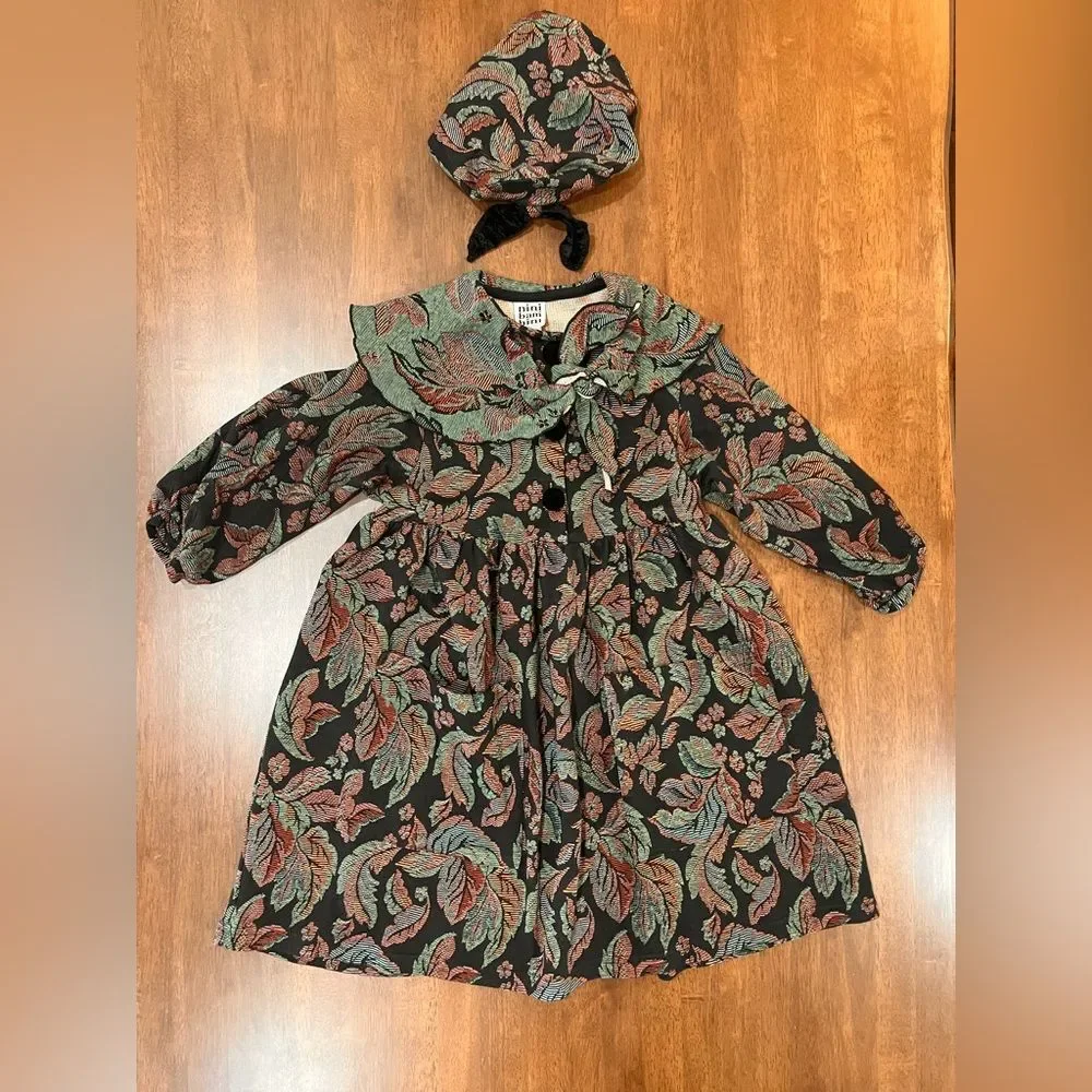Vintage Floral Tapestry Dress & Bonnet Girls 6 Jacquard Fall Holiday Cottagecore